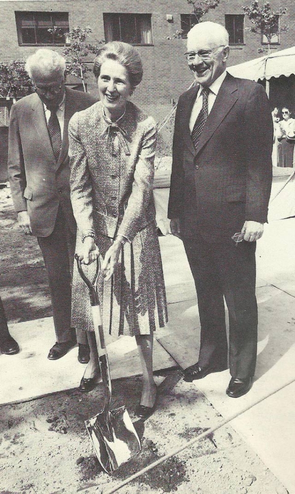 George W. Ball (chairman of the board) and Phillips Talbot (president) look on as Blanchette Ferry Rockefeller breaks ground for Asia Society’s new building on June 5th, 1979. (Asia Society)
