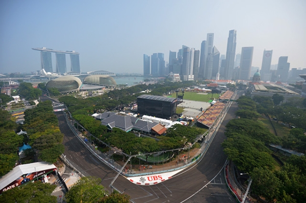 Hazy conditions cover the Marina Bay Circuit before the start of the practice session for the Formula One Singapore Grand Prix in Singapore on September 19, 2015. (Mohd Fyrol/AFP/Getty Images)