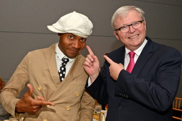 Incoming President of the Asia Society Policy Institute Kevin Rudd (R), former Prime Minister of Australia, and DJ Spooky, aka Paul D. Miller, share a light moment in September 2014 at Asia Society New York. (Elsa Ruiz/Asia Society)