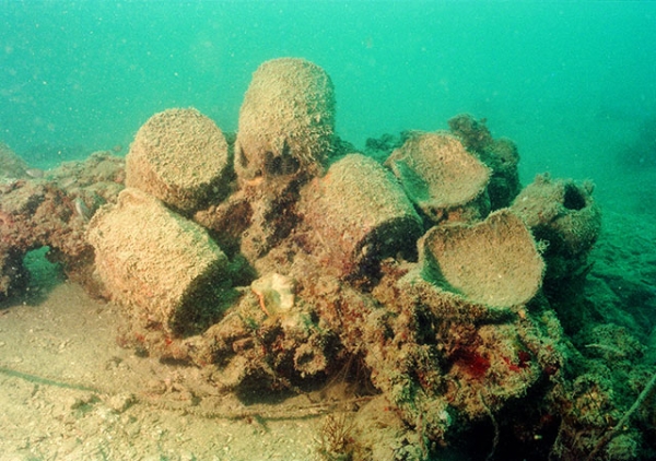 Changsha ewers artifacts trapped in a coral concretion on the top of the wreck mound. Items from the Belitung shipwreck can be seen at Asia Society Museum's 'Secrets of the Sea: A Tang Shipwreck and Early Trade in Asia' exhibition. (Michael Flecker)