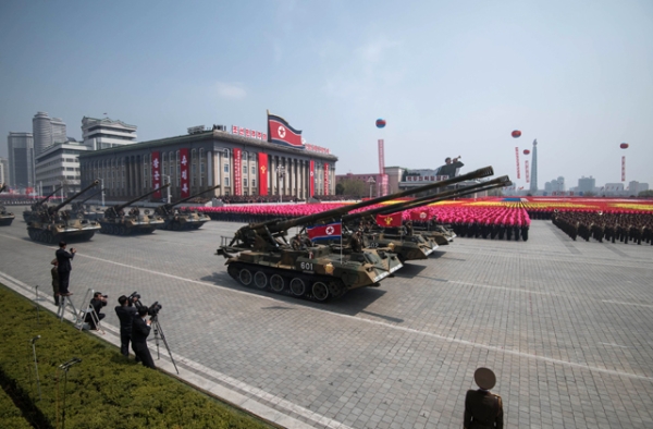 Korean People's Army (KPA) tanks are displayed on Kim Il-Sung square during a military parade marking the 105th anniversary of the birth of late North Korean leader Kim Il-Sung in Pyongyang on April 15, 2017. (Ed Jones/AFP/Getty Images)