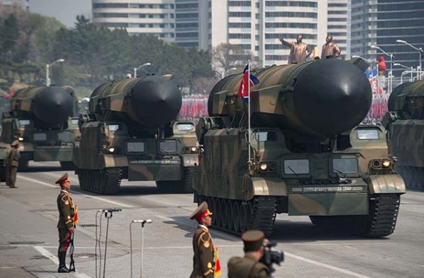 Rockets are displayed during a military parade marking the 105th anniversary of the birth of late North Korean leader Kim Il-Sung in Pyongyang on April 15, 2017. (Ed Jones/AFP/Getty)