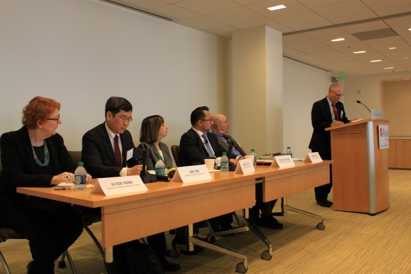 N. Bruce Pickering (far right), Executive Director of ASNC, welcomes the panelists at "The Pacific Century: The Future of U.S.-Asia Economic Relations" on February 26, 2016. Nixon Peabody and the National Center for APEC were event partners and featured: Alison Mann, Jian Tan, Wendy Cutler, Eduardo Pedrosa, and Robert Kapp. (Asia Society)