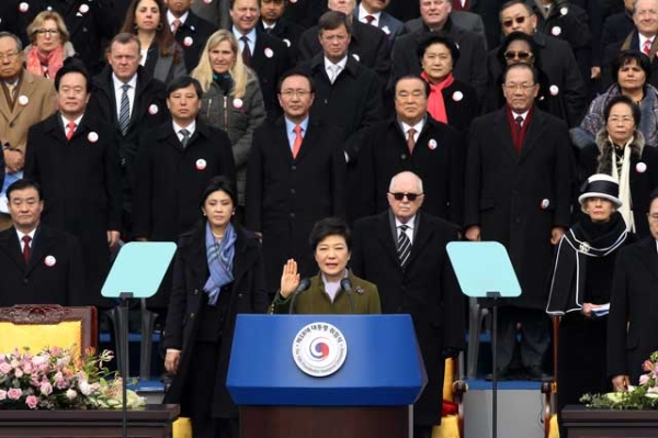 Park Geun-Hye, South Korea's president, salutes during her inauguration ceremony in the National Assembly on February 25, 2013 in Seoul, South Korea. (Park Jin-Hee/Getty Images)