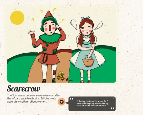 The Scarecrow's predicament demonstrates dating awkwardness that the government is trying to mitigate. Some of the "facts" accompanying the illustrations are oddly irrelevant. (thesingaporeanfairytale.com)
