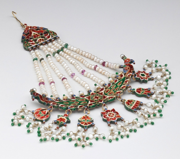 Jhumar Hair Ornament with Hand of Fatima, Crescent, Eight-Pointed Stars, Peacock, and Floral Motifs (and presentation case), Jaipur, India, 18th century, Mughal Period (1526-1857), Basra pearls, emeralds, spinels, diamonds, enamel and gold, Purchase 2014 Helen McMahon Brady Cutting Fund, Collection of the Newark Museum 2014.31.1