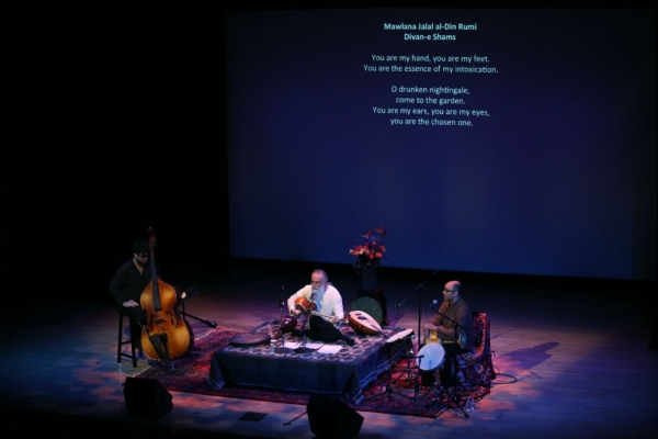 Davod Azad and accompanists onstage at Asia Society New York on Jan. 31, 2015. "I don’t believe in a big ensemble," Azad told Asia Society. (Ellen Wallop/Asia Society)
