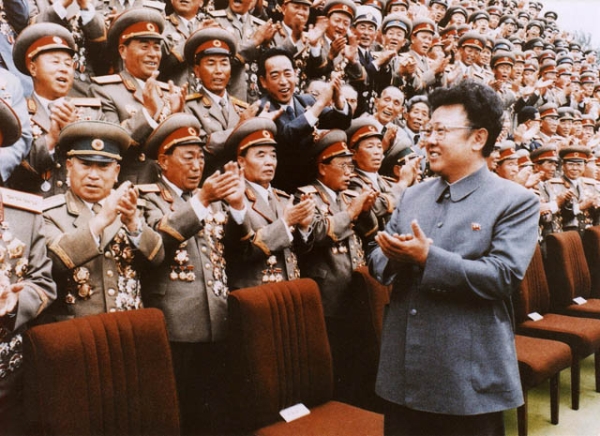 North Korean leader Kim Jong Il meets with Korean People's Army personnel in September 1988