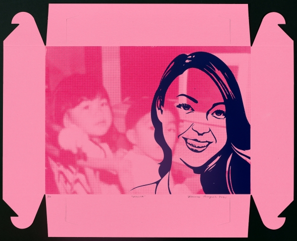 Phung Huynh, ‘Monica Khun Donut Box,’ 2021, Silkscreen print on pink donut box, Courtesy of the artist