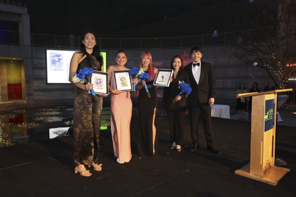 "Sports Tribute" recipients Lydia Bai, Ali Riley, Jun Endo with presenters Maia and Alex Shibutani