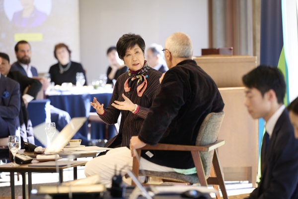 Tokyo Governor Yuriko Koike in discussion with Jesper Koll on stage
