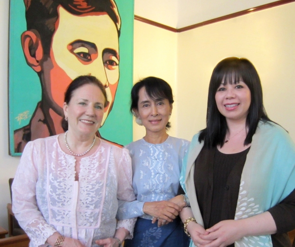 Priscilla Clapp, former Chief of Mission at the U.S. Embassy in Burma;  Aung San Suu Kyi, National League for Democracy leader; and Suzanne DiMaggio, Asia Society, in Yangon.