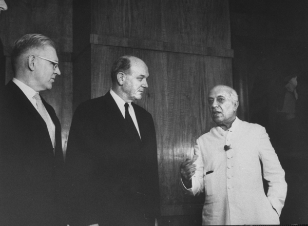 The Kennedy administration invited Talbot to become Assistant Secretary of State for Near Eastern and South Asian Affairs in 1961. Here he and US Secretary of State Dean Rusk (C) listen to Indian Prime Minister Jawaharlal Nehru (R) in May 1963. (James Burke/Time Life Pictures/Getty Images)