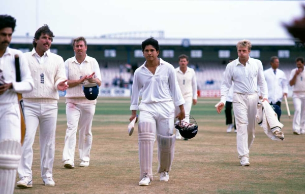England versus India in the second Test at Old Trafford, August 1990. Tendulkar is in the center. (Ben Radford/Getty Images)