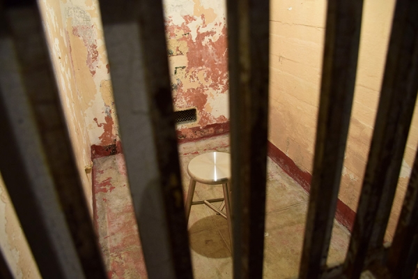 View of one of an A Block cell where visitors listen to spoken words, poetry, and music by people who have been detained for the creative expression of their beliefs, as well as works made under conditions of incarceration. 