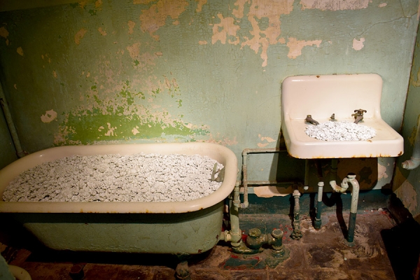 View of one of the rooms in the Alcatraz Hospital featuring detailed encrustations of ceramic flowers to fill the sinks, toilets, and tubs that were once used by hospitalized prisoners.