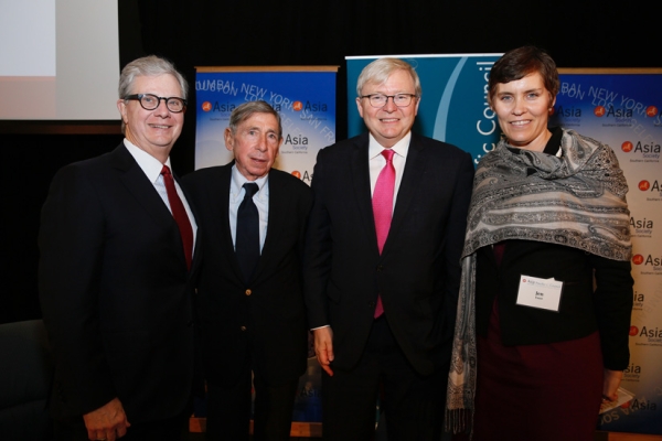 From left, Thomas McLain, Chairman, Asia Society Southern California, Mickey Kantor, Partner, Mayer Brown LLP, Kevin Rudd, President, Asia Society Policy Institute and Jennifer Faust, Executive Director, Pacific Council on International Policy pose during "The Year of Living Dangerously: Asia, the U.S., and Global Order in 2017" by the Asia Society of Southern California and Pacific Council On International Policy on February 10, 2017, in Westwood, California. (Photo by Ryan Miller/Capture Imaging)