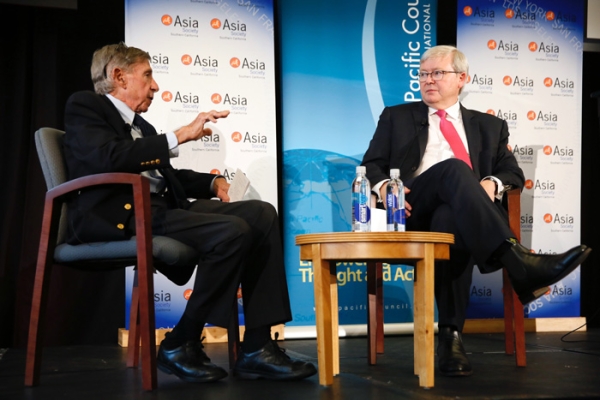 From left, Mickey Kantor, Partner, Mayer Brown LLP and Kevin Rudd, President, Asia Society Policy Institute speak during "The Year of Living Dangerously: Asia, the U.S., and Global Order in 2017" by the Asia Society of Southern California and Pacific Council On International Policy on February 10, 2017, in Westwood, California. (Photo by Ryan Miller/Capture Imaging)