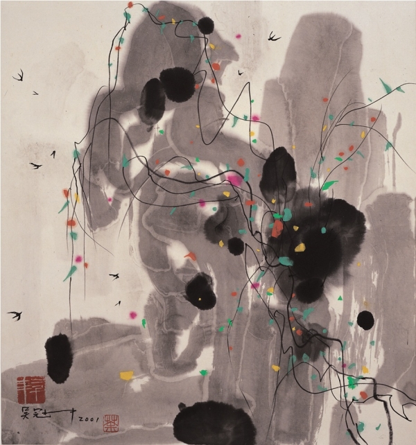 Wu Guanzhong. Attachment, 2001, Ink and color on rice paper. H. 18.9 x W. 17.7 (48 x 45 cm). Shanghai Art Museum. (Asia Society New York)
