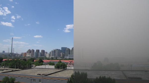 A split screen from China Green shows the difference between a good day and a bad day for Beijing's air (Lin Yang)
