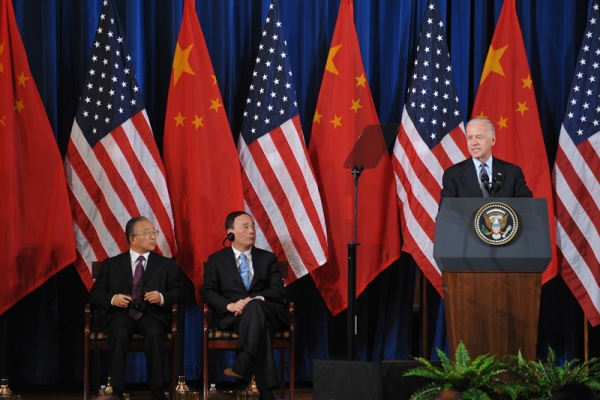 US VP Joe Biden speaks during the opening session of the 2011 US-China Strategic and Economic Dialogue May 9, 2011 in in Washington, DC. Looking on from left are: State Councilor Dai Bingguo and Vice Premier Wang Qishan. (Mandel Ngan/AFP/Getty Images) 