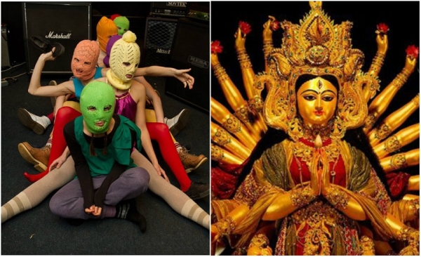 Ganesh based her work, Pussy Riot, on a photo of the Russian feminist group, and drew inspiration from Hindu depictions of deities, such as the Hindu Goddess Durga. (Denis Bochkarev & Matthias Rosenkranz/Creative Commons)