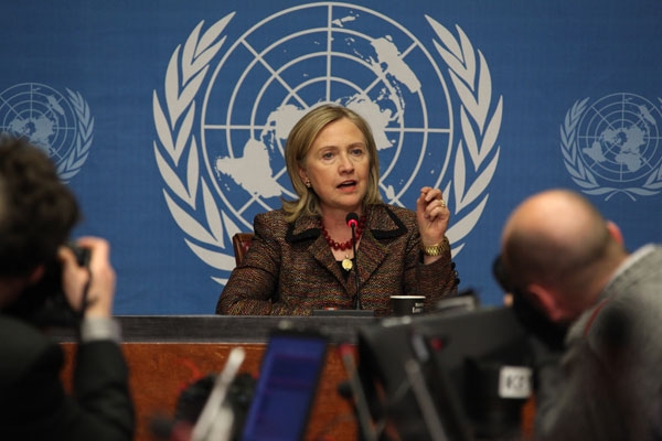 U.S. Secretary of State Hillary Rodham Clinton speaks at a press conference at the United Nations Office at Geneva, Switzerland, on February 28, 2011. (Eric Bridiers/State Department/Public Domain)