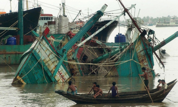 Destroyed fisherman boats lay in the port of Yangon after cyclone Nargis on May 4, 2008. (Khin Maung Win/AFP/Getty Images)
