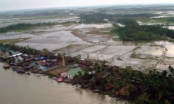 This aerial view shows a devastated factory, with many roofs missing, in a village in the Irrawaddy Delta region on May 5, 2008. (STR/AFP/Getty Images)