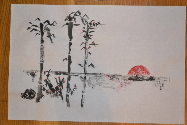January 28 - A painting using classical Japanese ink brush techniques created by one of the guests at Asia Society's sake and sumi-e program (John Zentgraf)