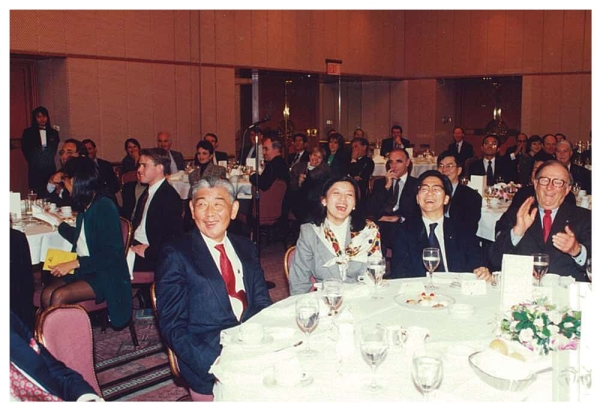 Dr. Jack C. Tang, Ms. Helen Lin, Mr. Edward Lau, and Mr. Ira Kaye at ASHK's Program with Columbia University GSB Professor Hugh T. Patrick (January 16, 1992)