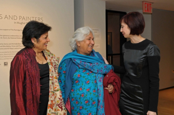 Asia Society President Vishakha Desai (L) and Asia Society Museum Director Melissa Chiu (R) talk to a guest. (Elsa Ruiz)