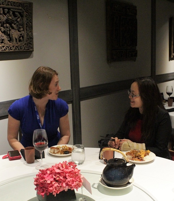 Eve Cary of Asia Society Northern California and Amy Lou of Wells Fargo chat during the exclusive dinner at Crystal Jade the night prior to DLF. (Stesha Marcon)