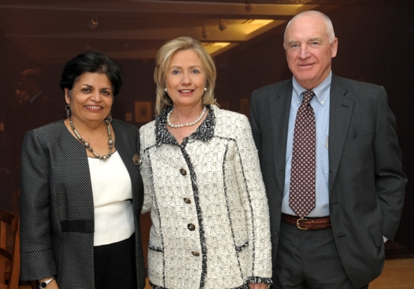 L to R: Vishaka Desai, Secretary Clinton and Jack Wadsworth. (Elsa Ruiz/Asia Society)