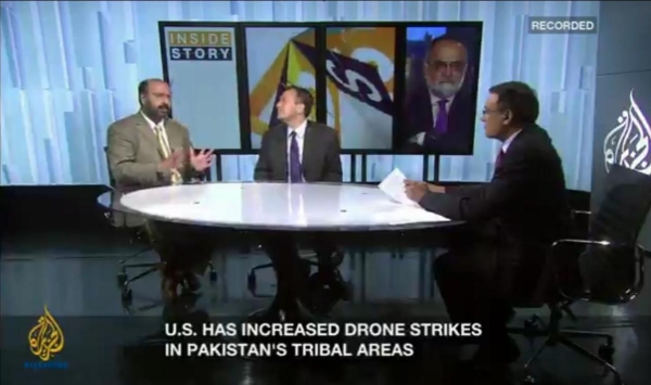 L to R: Hassan Abbas, Brian Katulis and Ahmed Rashid (on monitor) on Al Jazeera on May 22, 2012. 