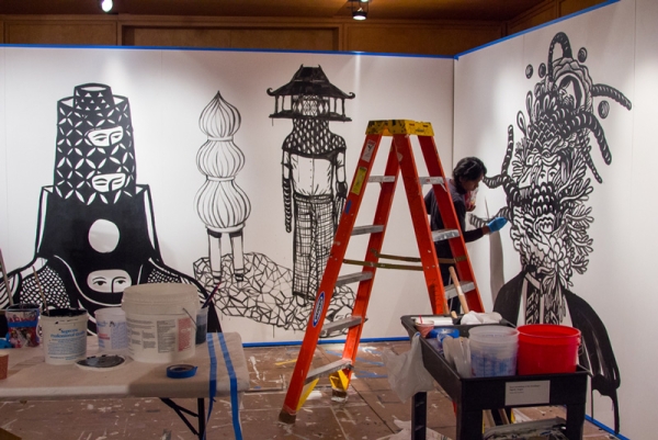 The contemporary Indonesian artist Eko Nugroho creates a site-specific mural in the Visitor Center at Asia Society, January 7–16, 2017, for “On Site: Eko Nugroho.” Commissioned by Asia Society Museum. Photo: Salvador Pantoja