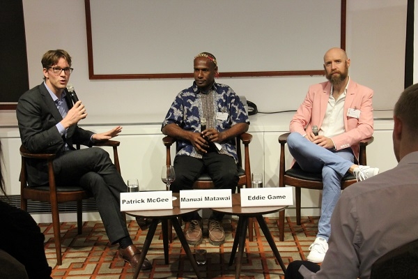 L to R: Patrick McGee, Manuai Matawai and Dr. Eddie Game discuss the the most pressing climate change challenges faced by Papua New Guinea and other Pacific islands.
