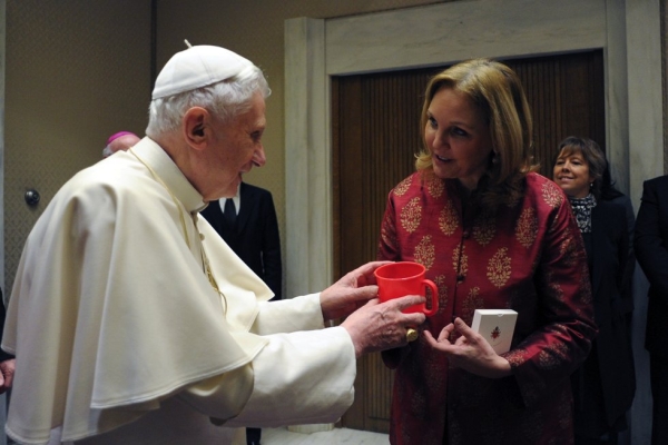 Pope Benedict XVI speaks with Josette Sheeran during their meeting after the pontiff's Wednesday general audience in Paul VI hall at the Vatican on March 2, 2011. (Osservatore Romano/AFP/Getty Images)