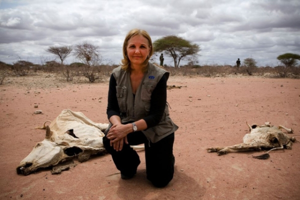 Josette Sheeran during an interview next to carcasses of animals that have died because of the drought in Wajir, northeastern Kenya, on July 23, 2011. (WFP/Siegfried Modola)