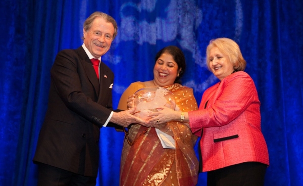 Mr. Daly and Ambassador Melanne S. Verveer, U.S. Ambassador-at-Large for Global Women&apos;s Issues, with Humanitarian Service Awardee Minister Shirin Sharmin Chaudhury, State Minister of Women&apos;s and Children&apos;s Affairs, Bangladesh. (Les Talusan/Asia Society)