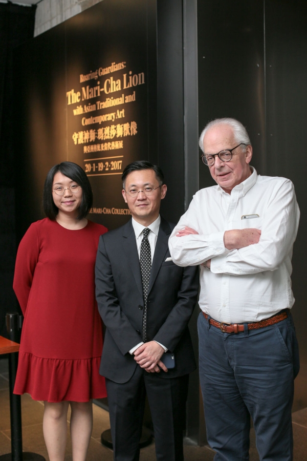 The Mari-Cha Lion exhibition’s curatorial team. From left to right: Assistant Curator Joyce Hei-ting Wong, ASHK’s in-house curator and Head of Gallery and Exhibition Dominique Chan, Guest Curator for the Mari-Cha Lion Richard Camber.
