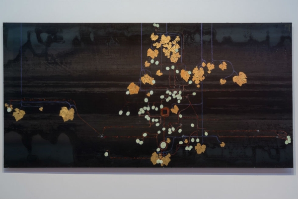 Mel Chin, Geometry of Wrath, 2005; Oil, gold leaf, steel. Collection of Molly Kemp and Ann Harithas. (Nash Baker)