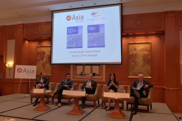 Mark Horn of East West Bank, Gavin Pathross of Deloitte, Ken Petrilla of Wells Fargo Bank, Seagull Song of BlankRome LLP (moderator), and Ken Wilcox of Silicon Valley Bank spoke at the Shanghai event (Asia Society)