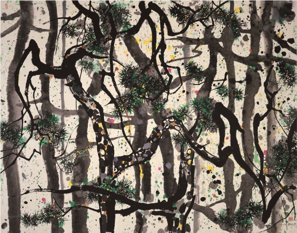 Wu Guanzhong. Pines, 1995. Ink and color on rice paper. H. 55.1 x W. 70.5 (140 x 179 cm). Shanghai Art Museum. (Asia Society New York)