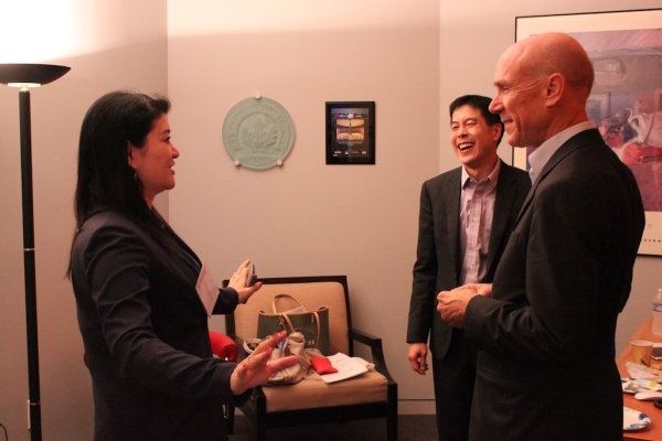 Shie Lundberg of Google, Michael Chui of McKinsey & Company, and Larry Green of Japan Society of Northern California share a laugh before the event. (Asia Society)