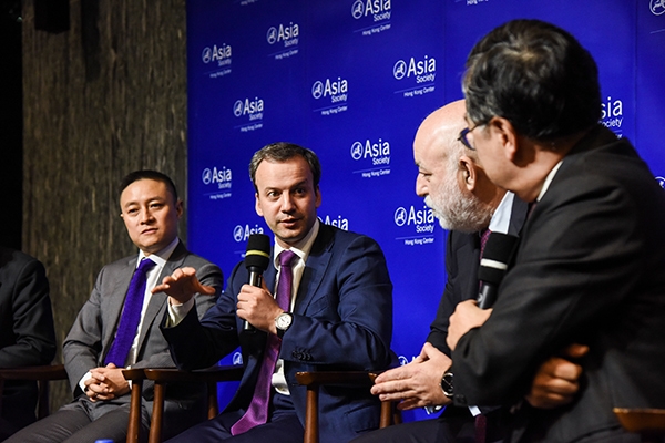 (L to R): Eric X. Li, Arkady Dvorkovich, Viktor Vekselberg and Ronnie C. Chan discussed Russia-Asia economic relations.