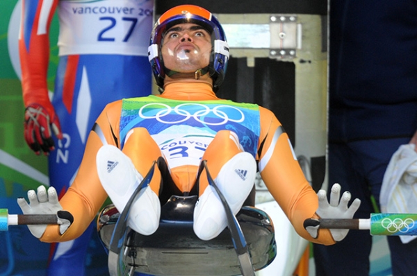 Shiva Keshavan prepares to take the start of the men's luge singles run 3 on February 14, 2010 in Vancouver, Canada. (Oliver Lang/AFP/Getty Images)