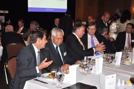 L to R: Tony Cripps, HSBC; Secretary Del Rosario; Richard Laufmann, Indophil Resources NL; Alex Thursby, Australia and New Zealand Banking Group, Secretary Domingo with Michael de Guzman, Macquarie Group.