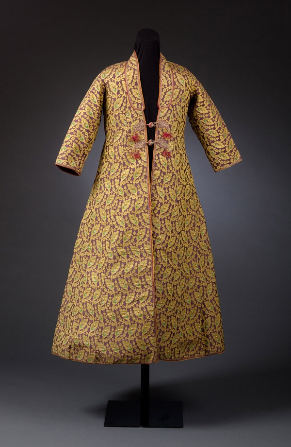 Man’s Sawari Coat with Boteh and Woven Floral Motifs, Kashmir, India, late 18th and early 19th century, Mughal Period (1526-1857), Tapestry-woven silk, metal-wrapped threads, Gift of Mrs. August Gilbert Buse, 1965, Collection of the Newark Museum 65.67
