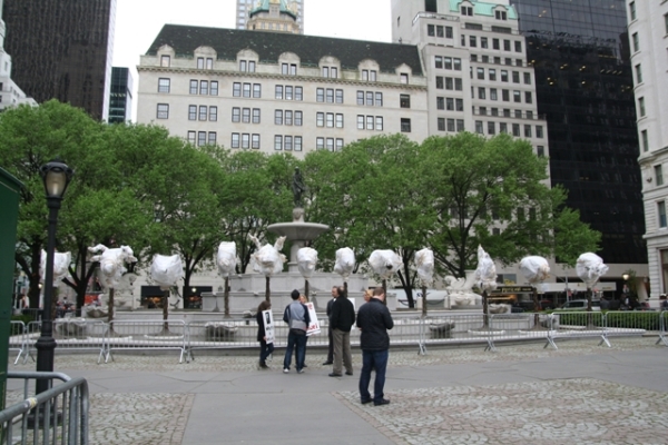 Ai Weiwei's New York City installation Zodiac Heads, still under wraps on May 2, 2011. (Elaine Merguerian)